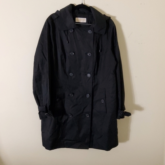 Michael Kors Black Hooded Trench Coat Missing Size Tag Pit-pit 24" Flat - Picture 1 of 9